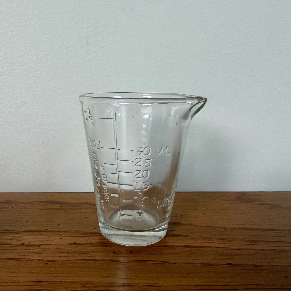 Vintage Clear Glass Measuring Shot Glass Beaker Spout 1.5oz 30ml Tbsp Teaspoon
